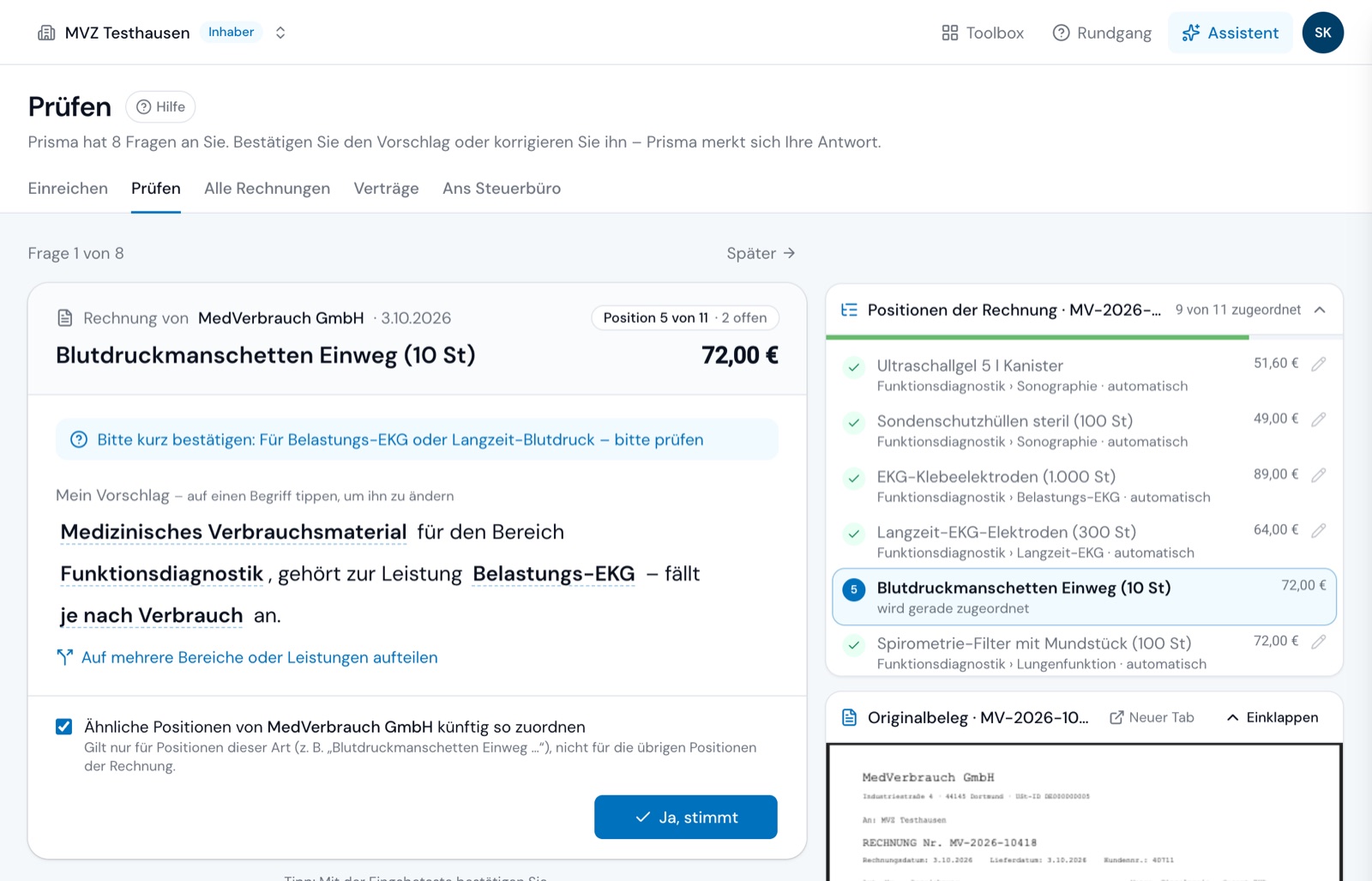 Prüfen: Vorschlag für eine Rechnungszeile bestätigen